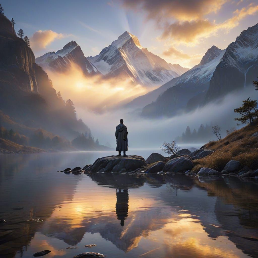 Serene Mountain Lake at Golden Sunrise