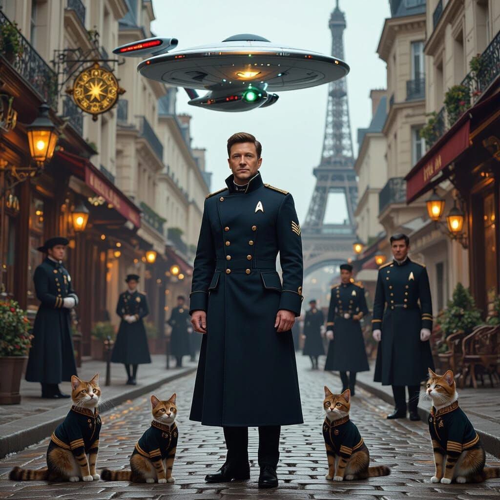 Zelensky with Starfleet Cats in Steampunk Paris Art Nouveau