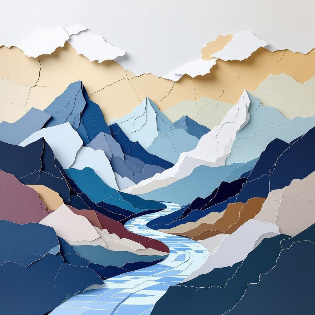 Abstract Paper Landscape with Mountains and River
