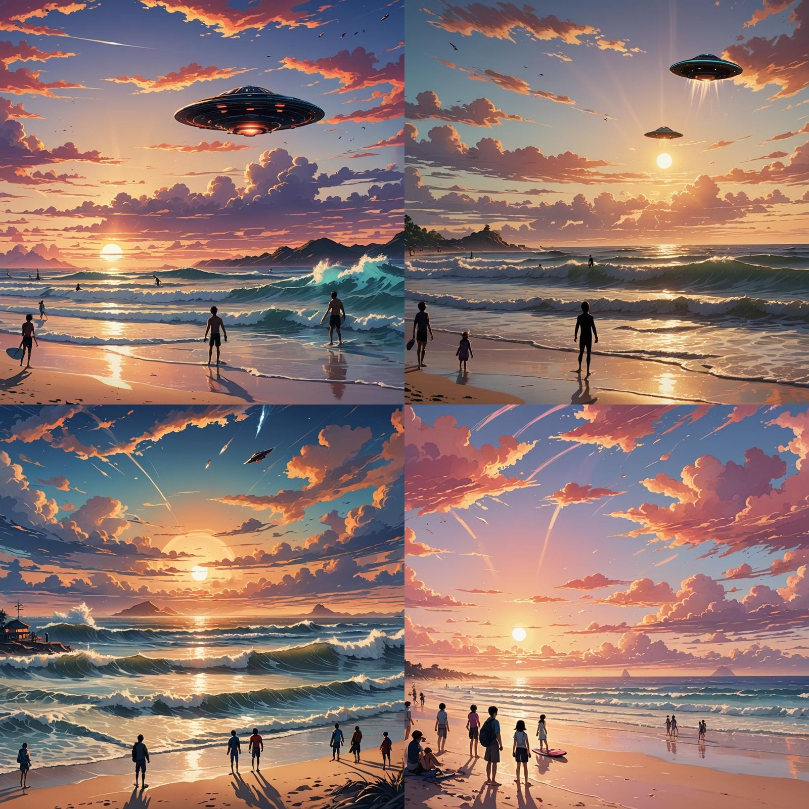 Beach Sunset with Surfers and UFO in Anime Style