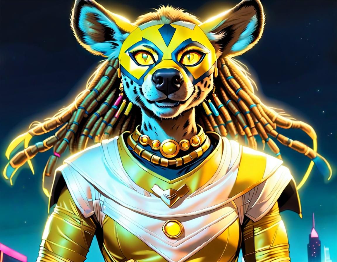 Anthro Hyena Superhero in Synthwave Neon Style