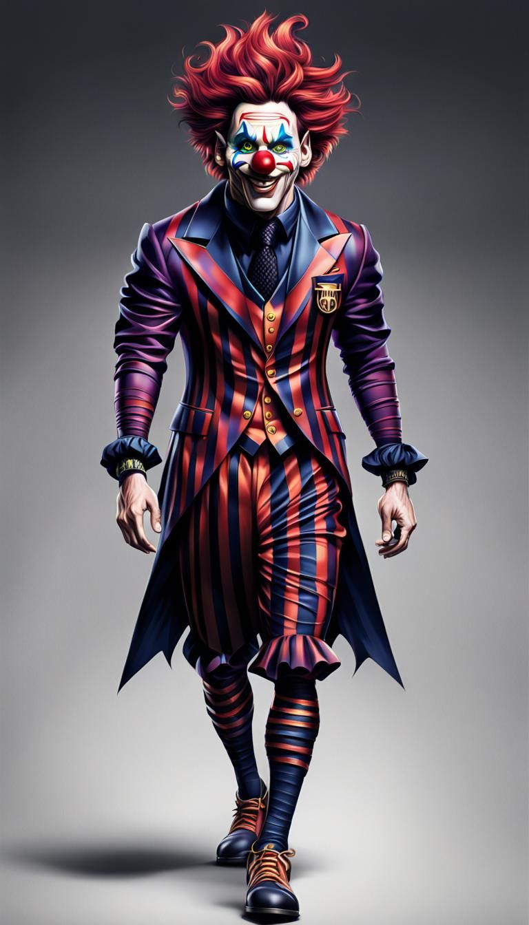 Lionel Messi in Gothic clown outfit, full body, photo realistic, smooth skin, attractive, queer, big eyes, smiling, youn...