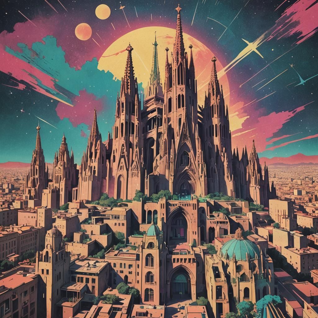 Barcelona Landmarks in Retro-Futuristic Astral Poster Art