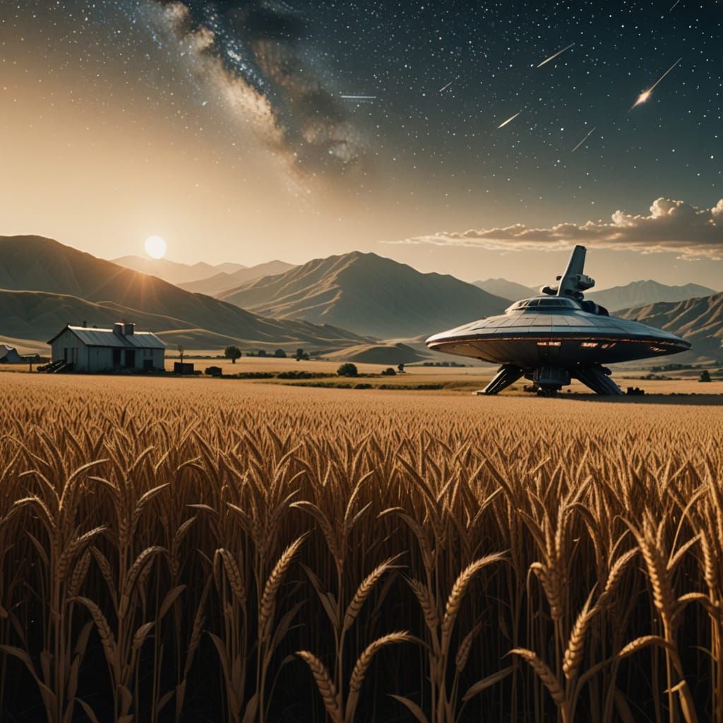 Ethereal Farmhouse Encounter with a Celestial Visitor in a G...