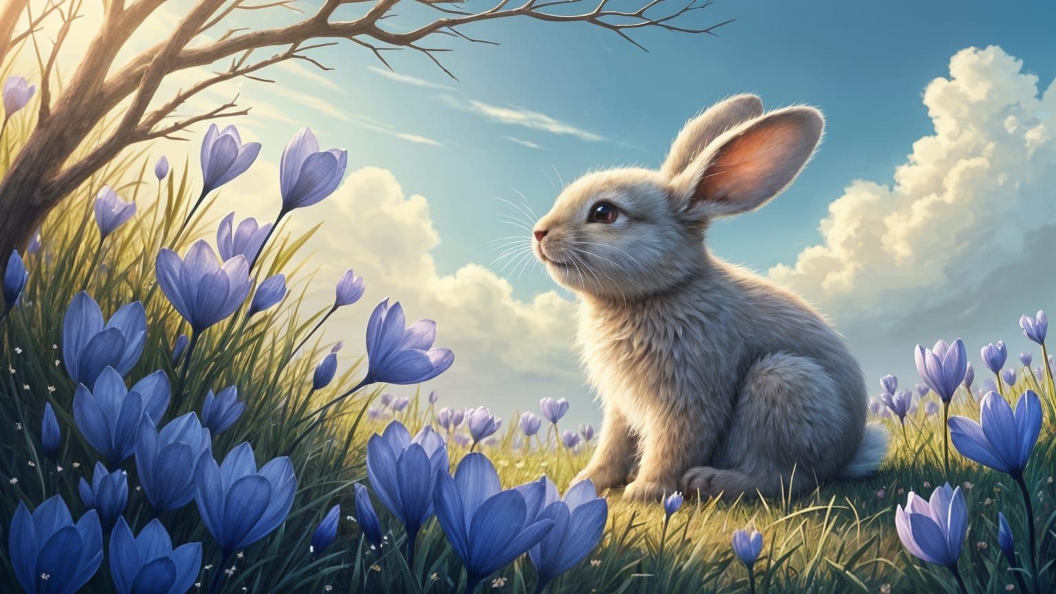 Whimsical Bunny Surrounded by Vibrant Blue Crocuses in a Dre...