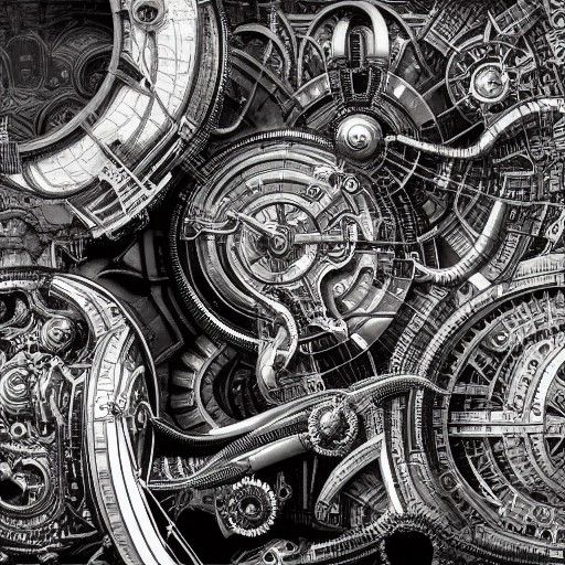 Monochrome Steampunk Mechanical Surrealism: Detailed Composi...