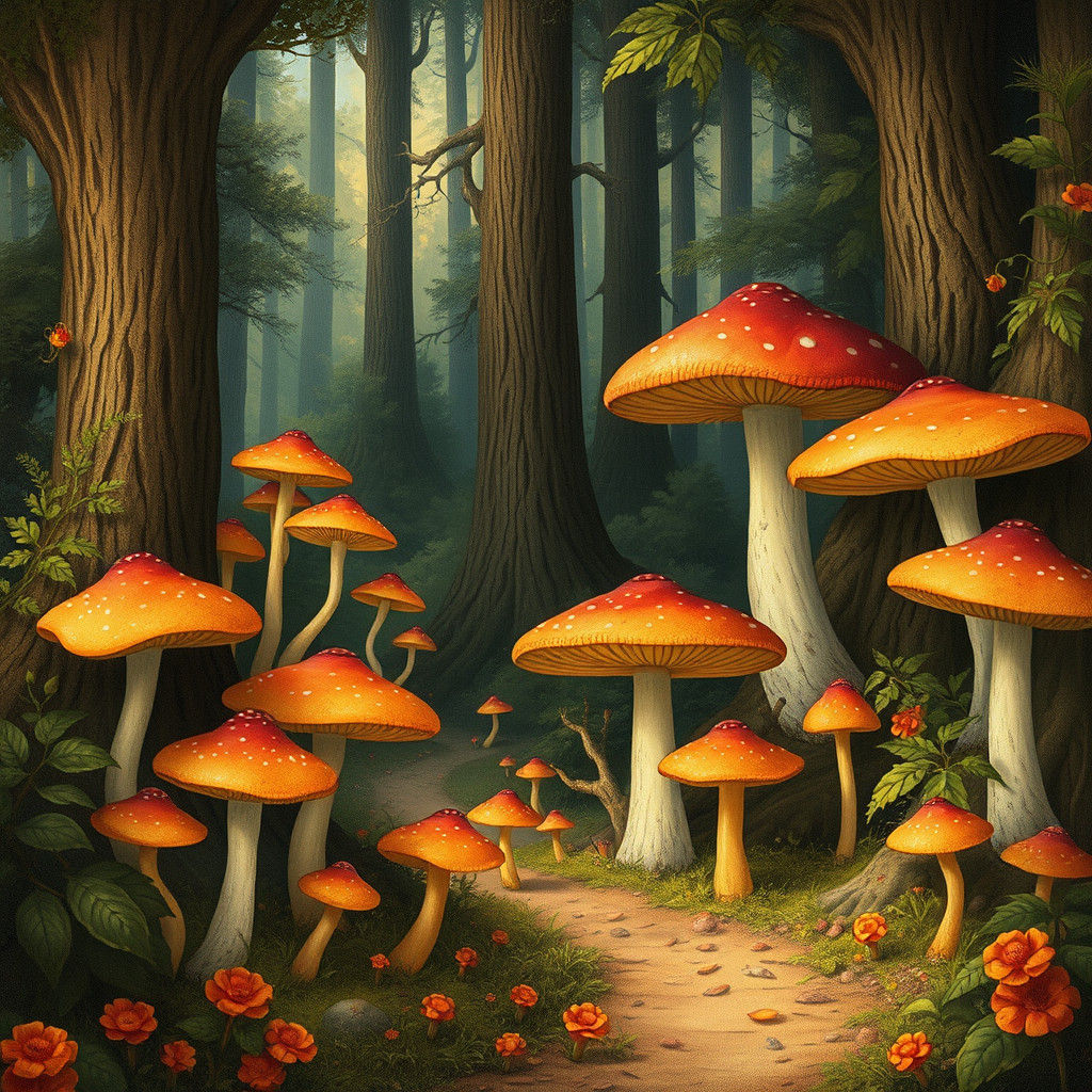 Whimsical Mushroom Forest in Florentine Renaissance Style