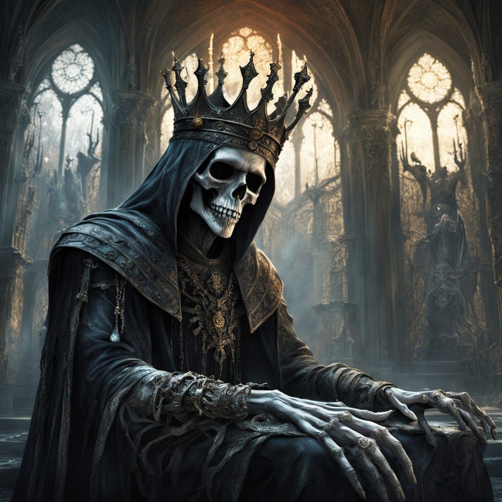 Ancient Skeletal King Clutching Crown in Grand Mausoleum