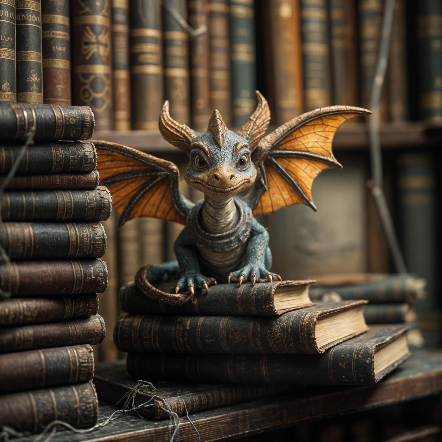 Winged Dragon on Antique Bookshelf