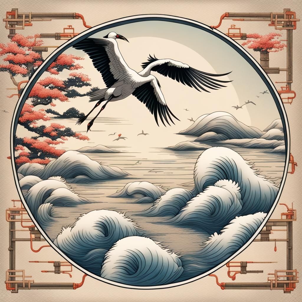 Vintage Japanese Drawing of Cranes Over Sea