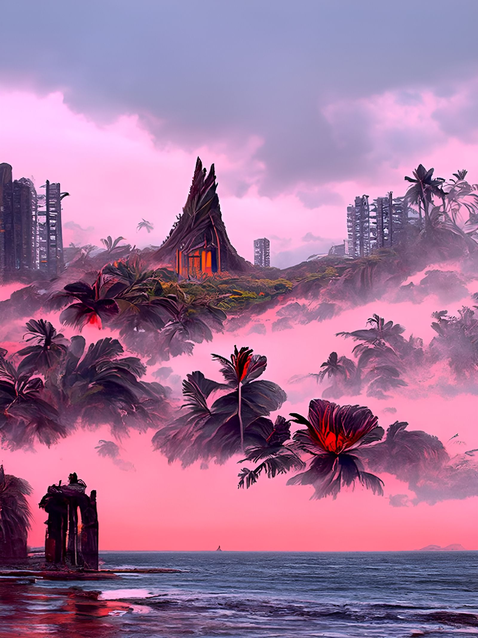 Tropical Island Brutalist Architecture in Romantic Style