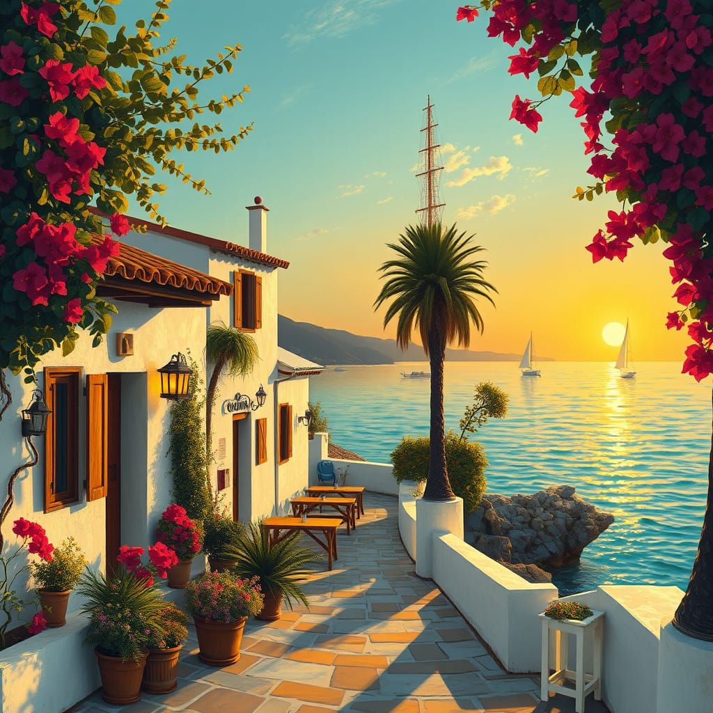 Dreamy Mediterranean Taverna at Sunset