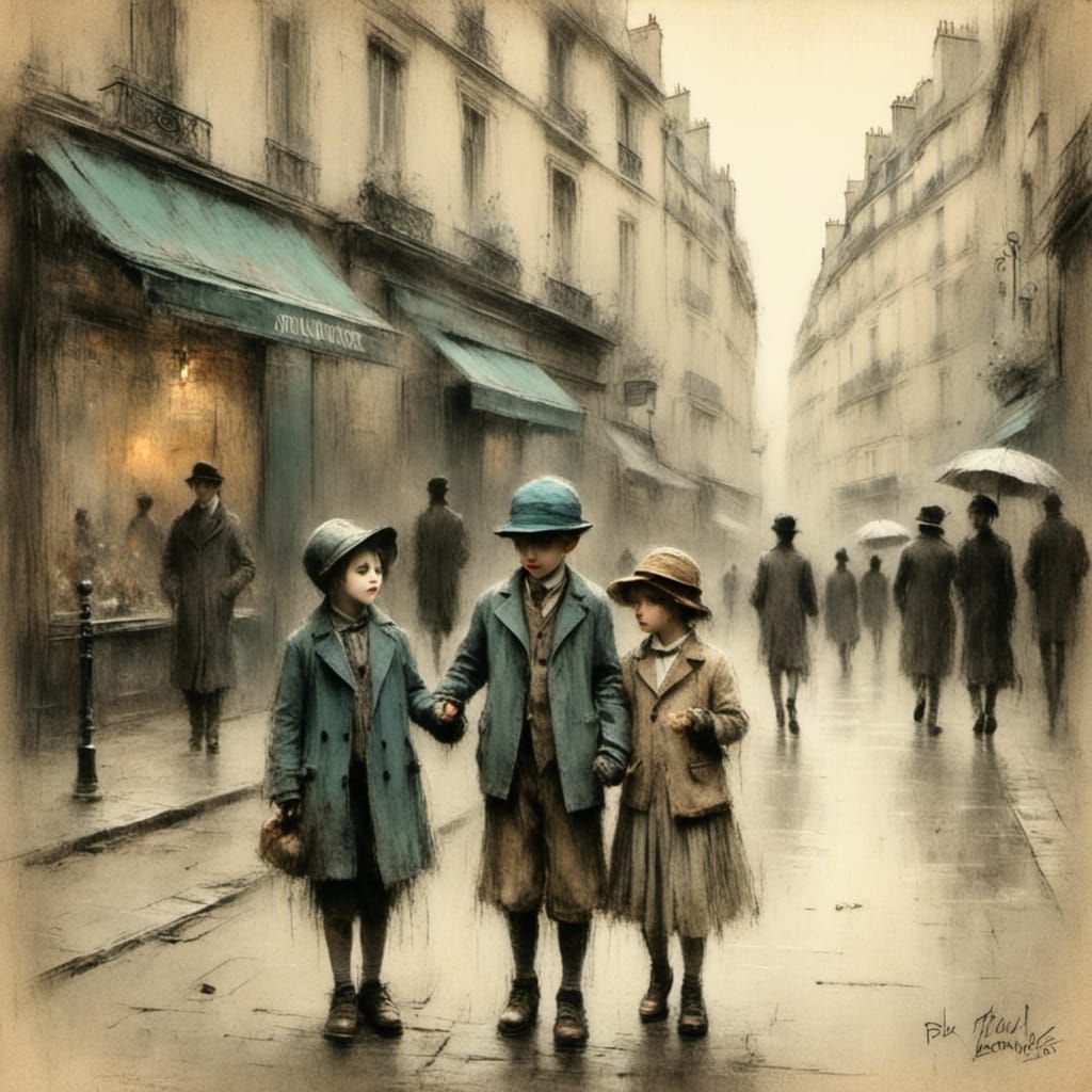 Children in Paris, 1920s Pastel Sketch