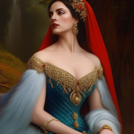 Queen in Hyperrealist Portrait, Dramatic Mountains, Intricat...