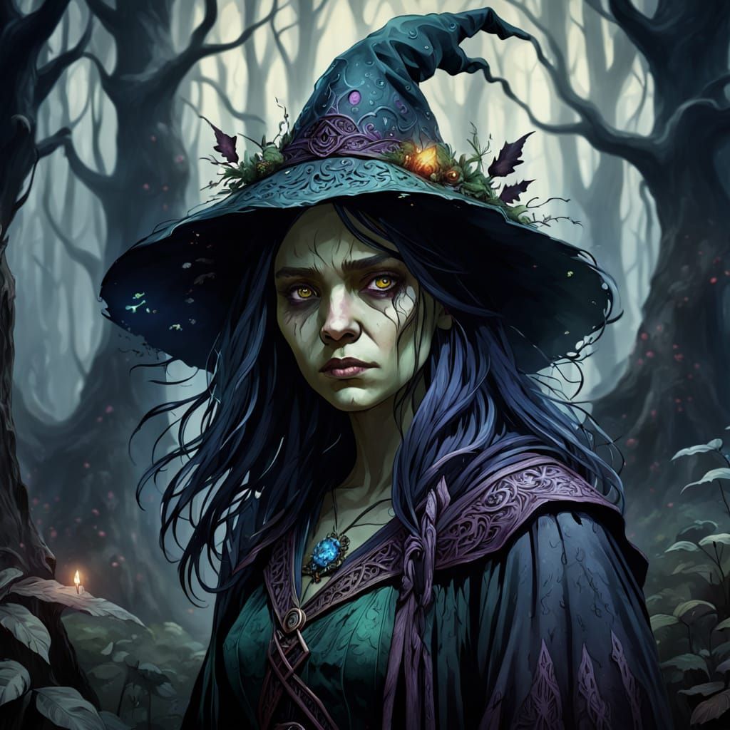 Sad Witch in Dark Forest Watercolour Painting