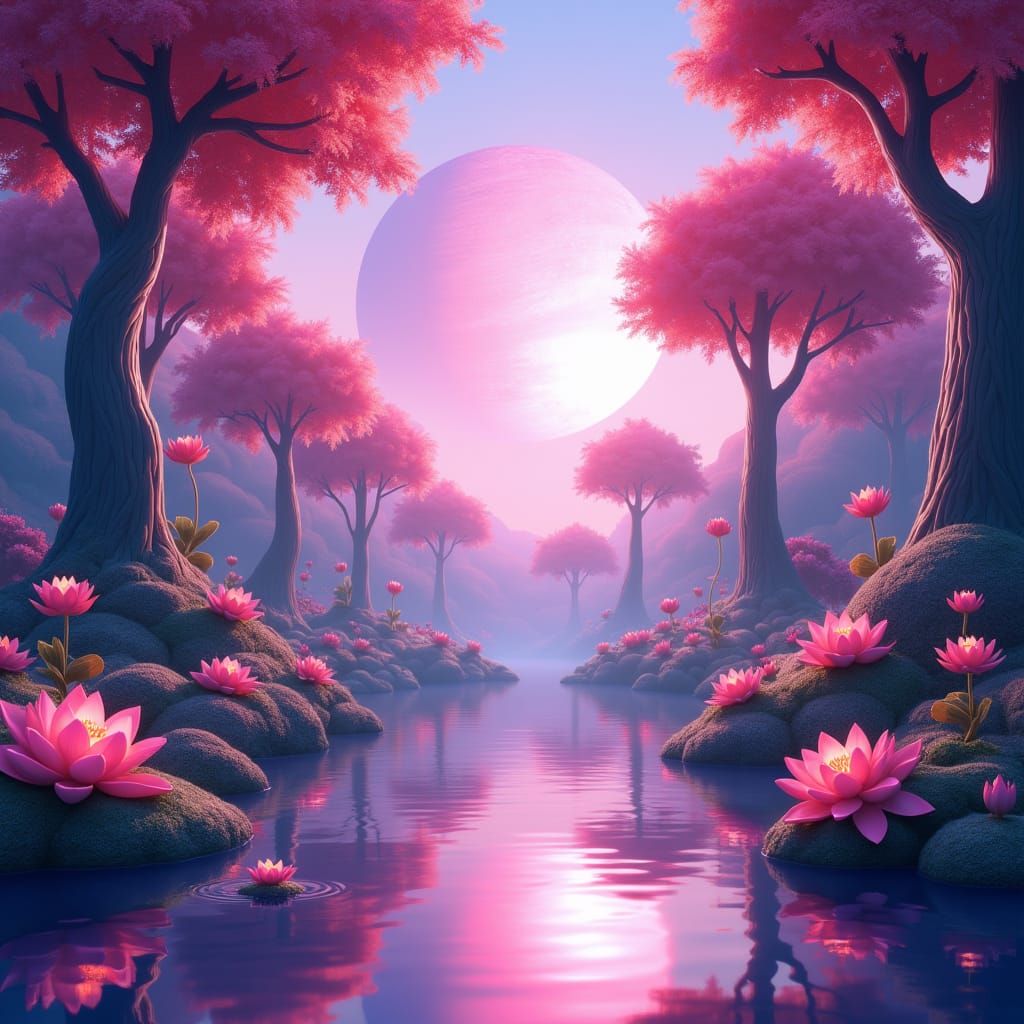 Fantastical Pink and Purple Forest Planet in Anime Style