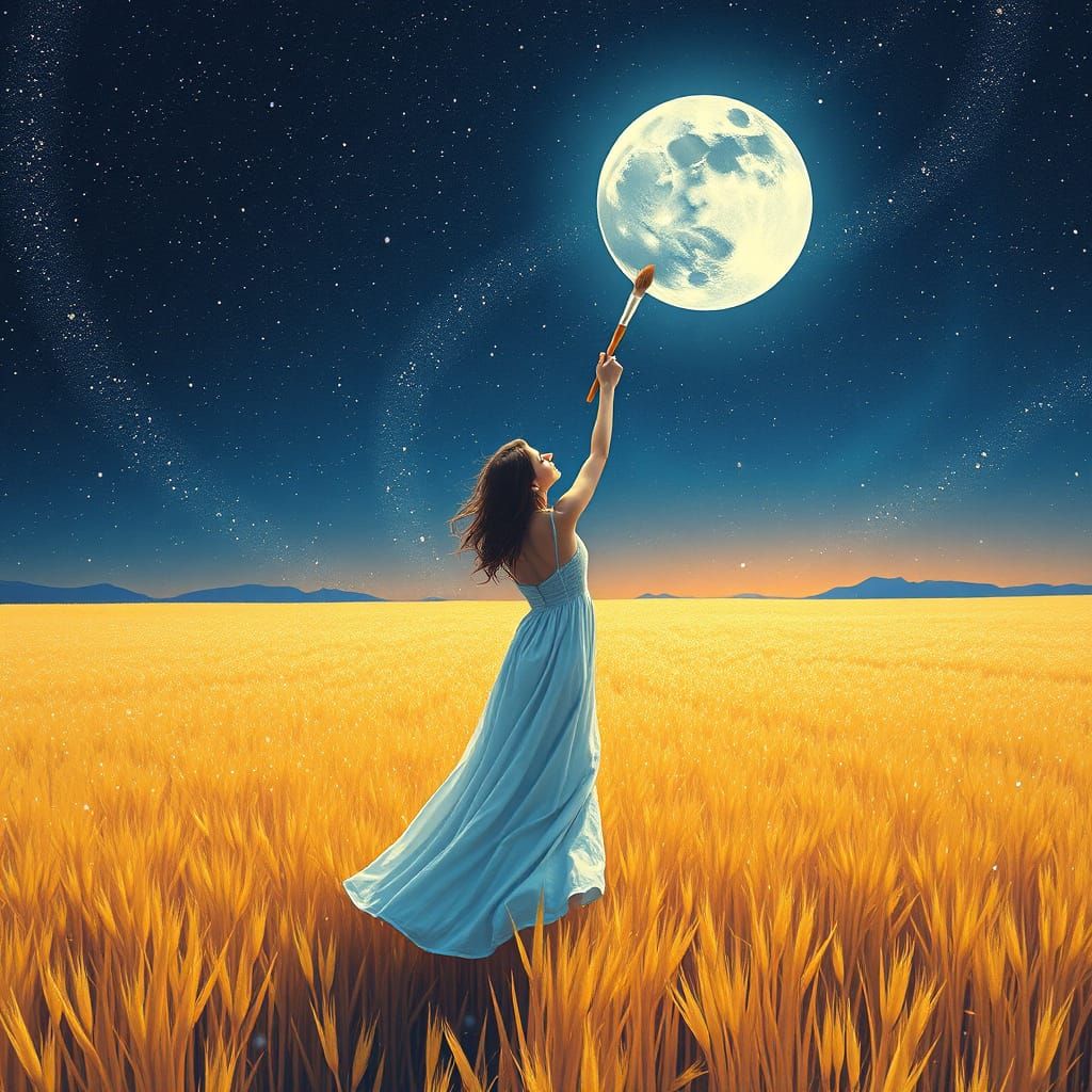 Woman Painting the Moon: Holographic Cosmic Illustration