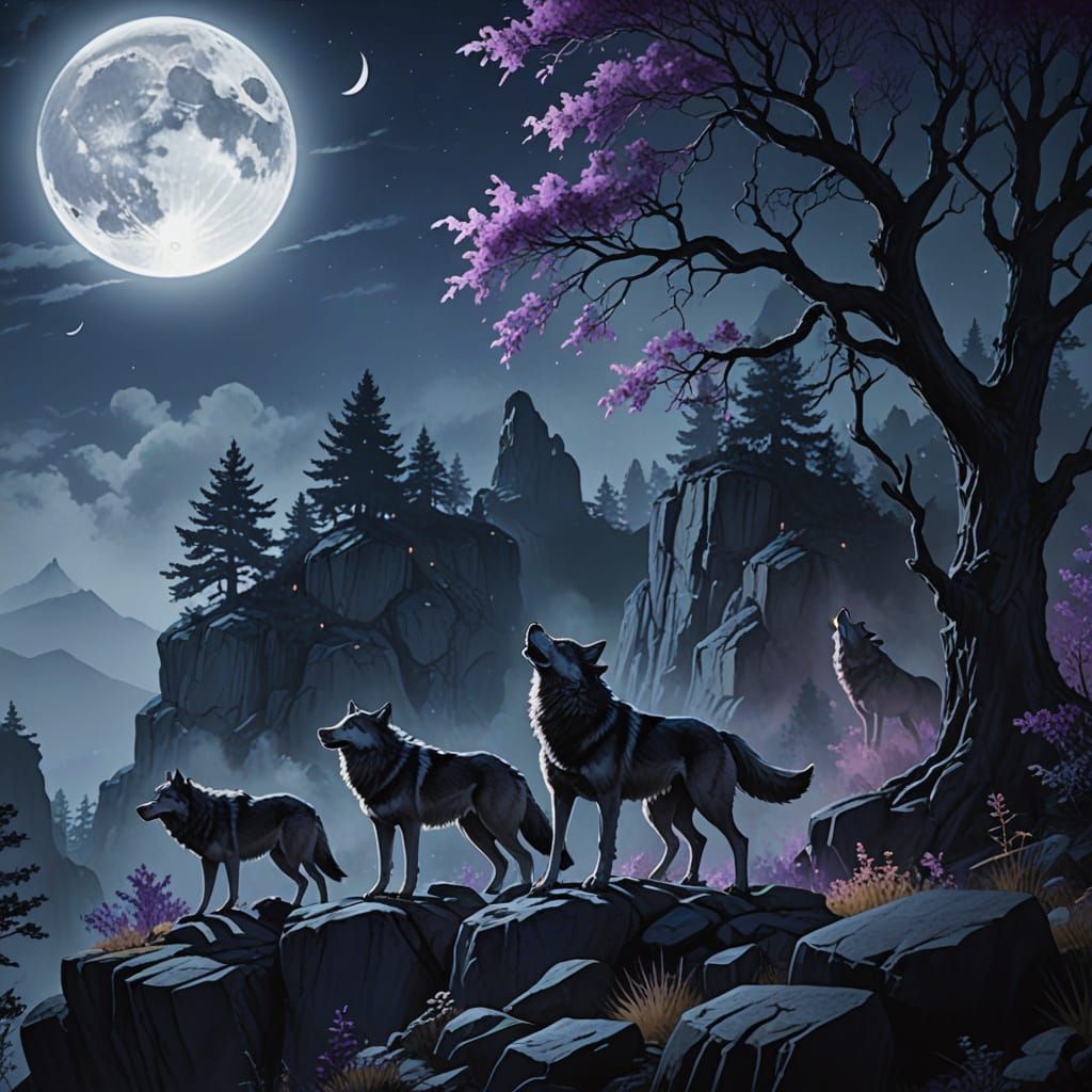 Wolves Howling Under Moon in Watercolor Style