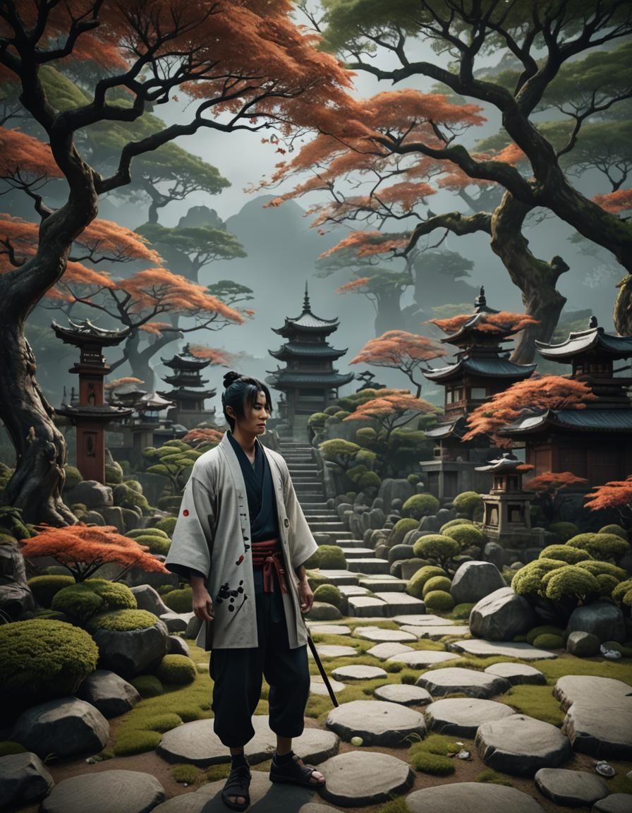Spooky Zen Garden: Japanese Man in Fantasy Art