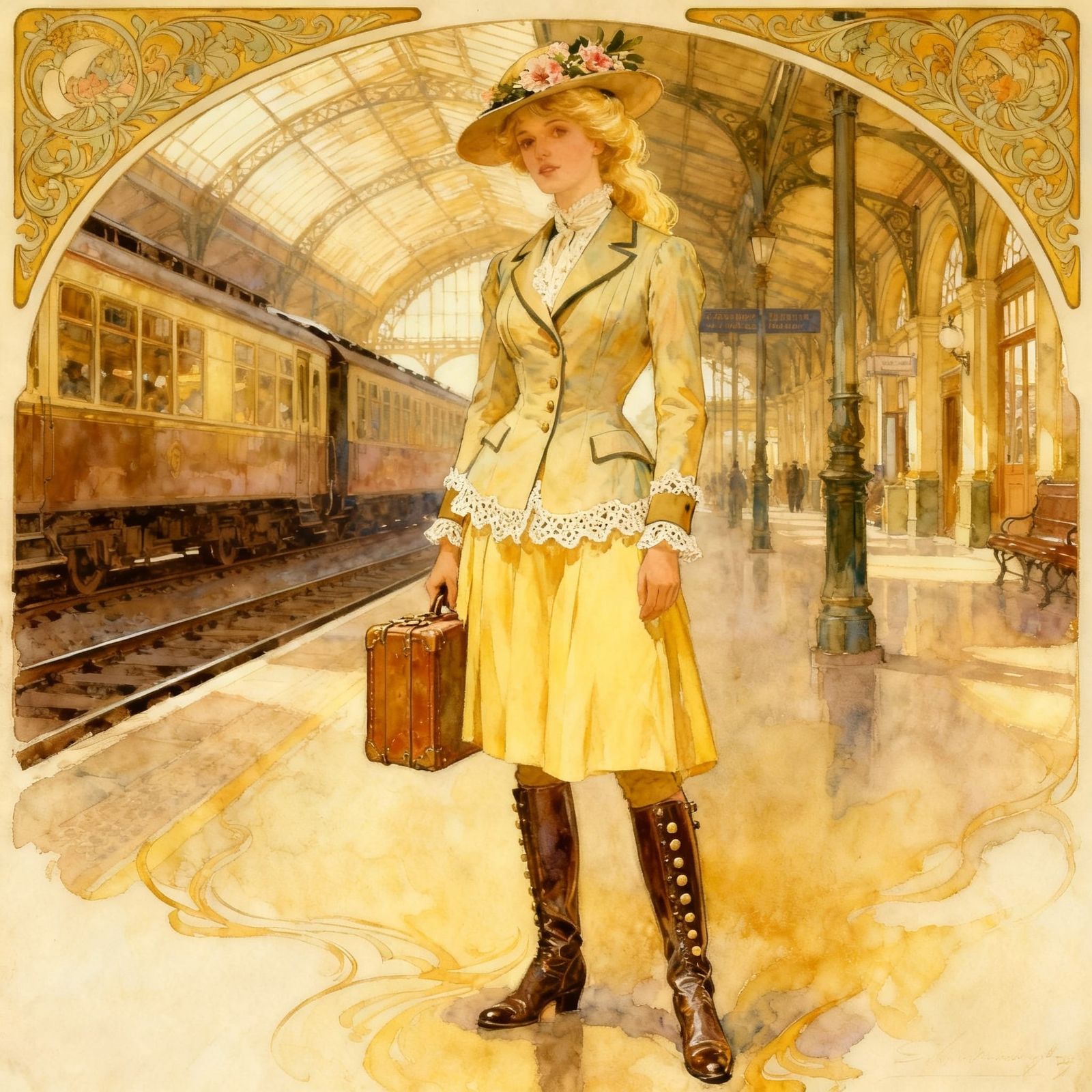 Art Nouveau Belle Epoque Woman in Travel Costume