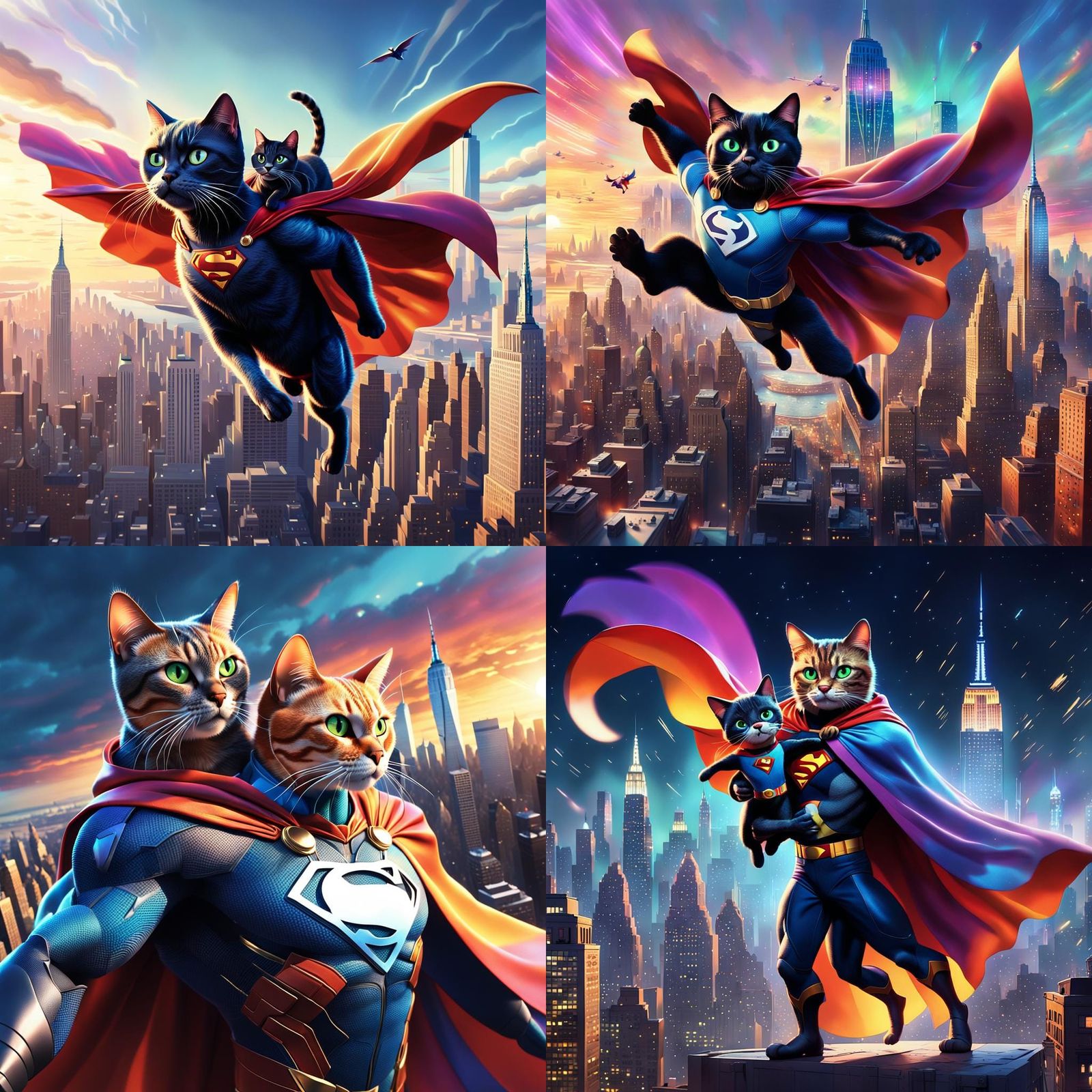 Superhero Cat Cape Rescue Over New York: 3D Digital Art
