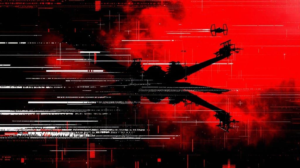 Glitched X-Wing Pursues TIE-Fighter in a Cyberpunk Aesthetic