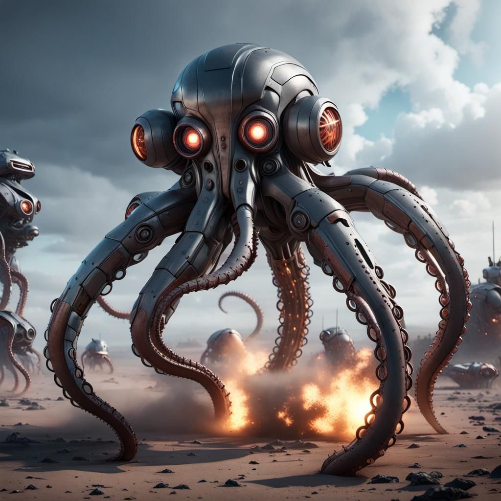 Giant Octopus Robot on Battlefield: Sci-Fi Epic