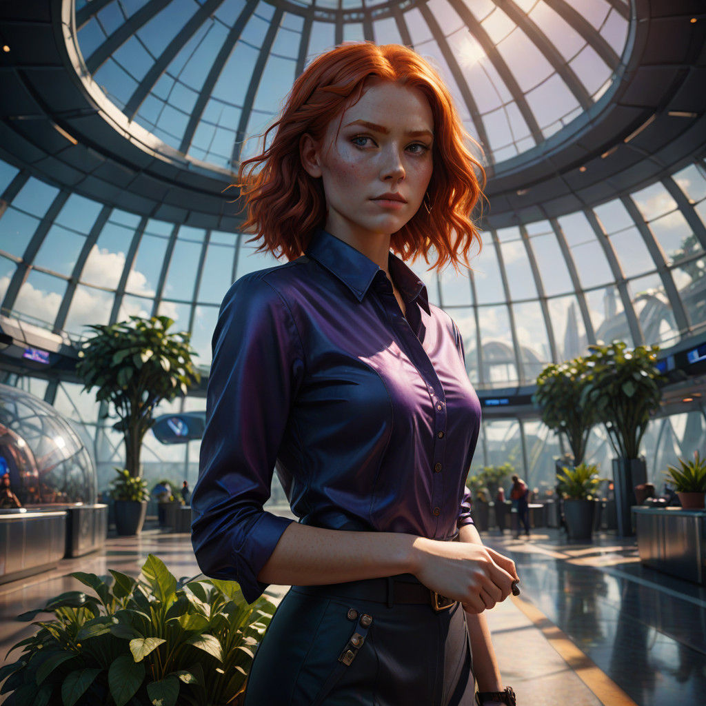 Futuristic Airport Goddess in Vibrant Golden Light