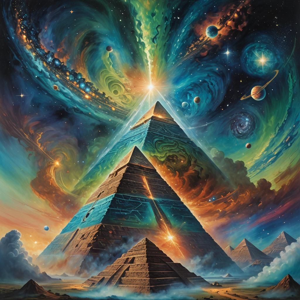 Cosmic Pyramid in Space: Surrealist Oil Painting