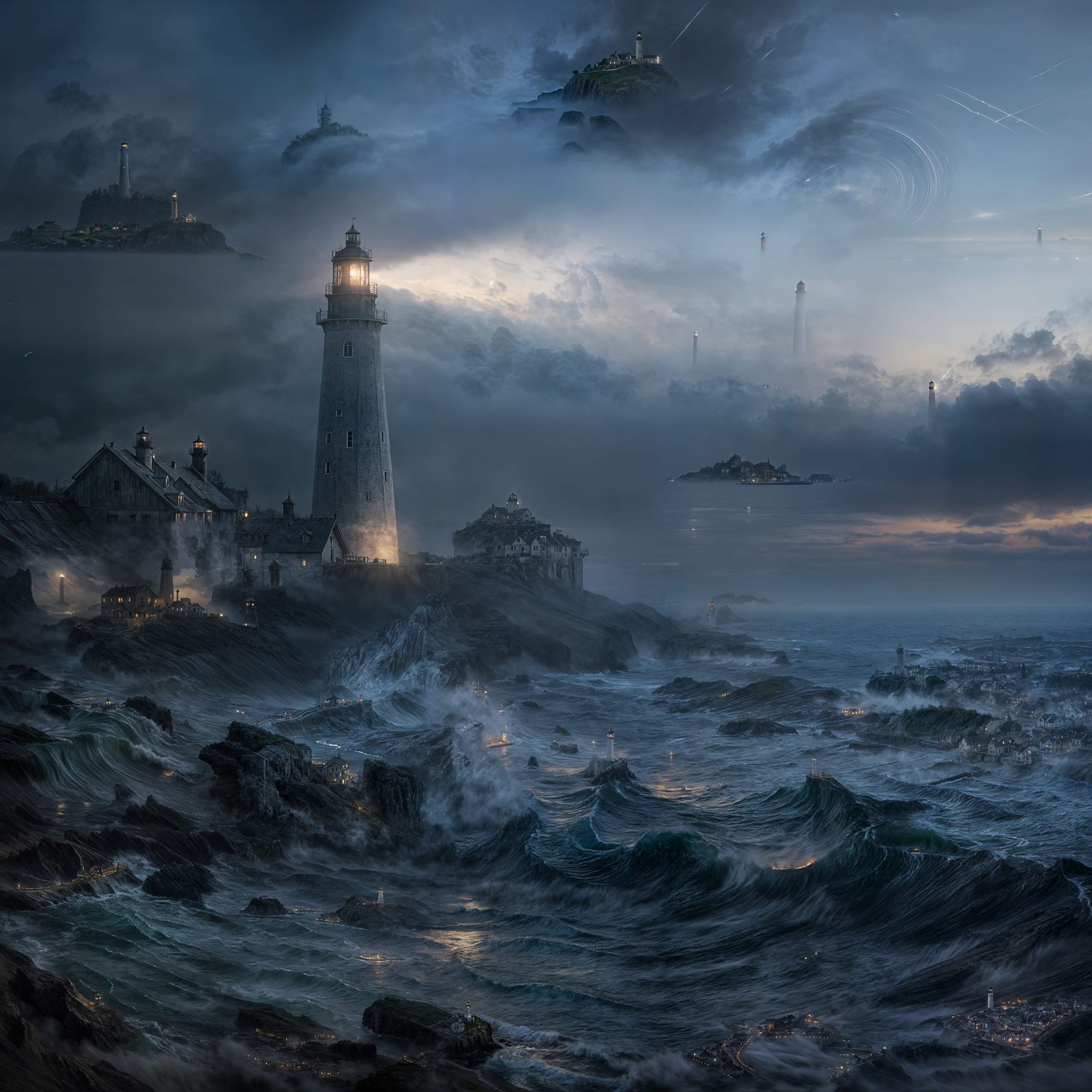 Windswept Coastal Village at Dusk in Impressionist Style