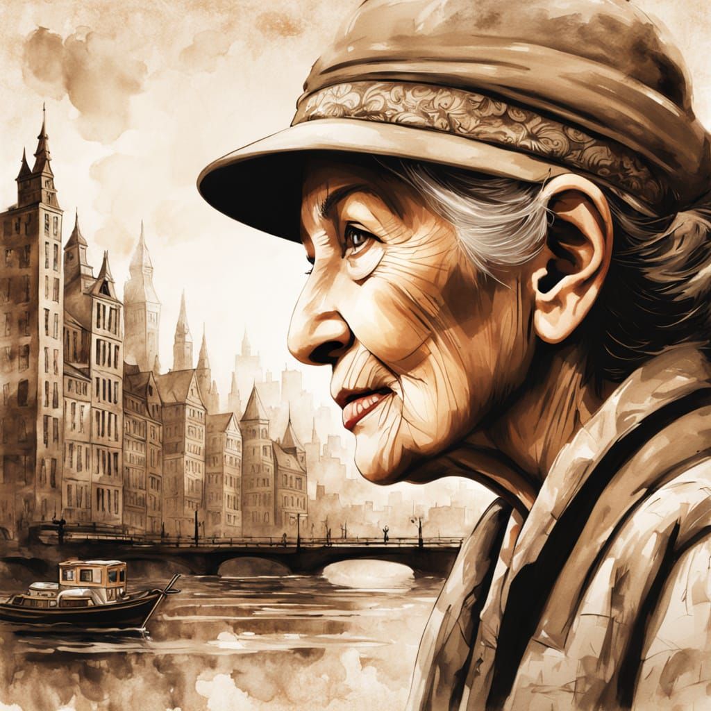 Sepia Watercolor Portrait of an Old Woman Over a Cityscape N...