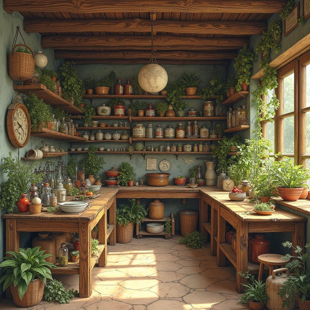 Herbalist's 1970s Kitchen in Liquid Ink Style