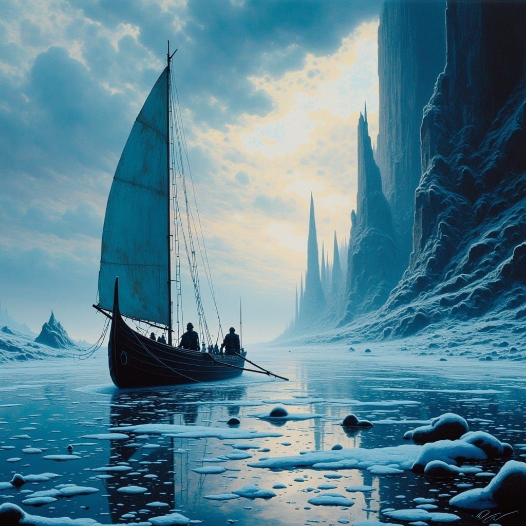 Viking Longship Amidst Icy Waters and Twisted Lights