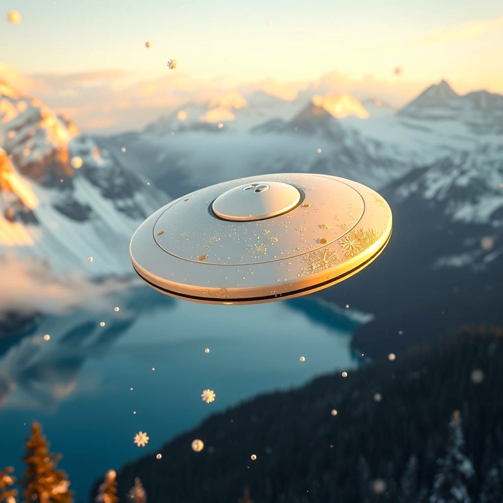 Cosmic Dawn: A Serene Snowy Mountainscape with Shining Space...