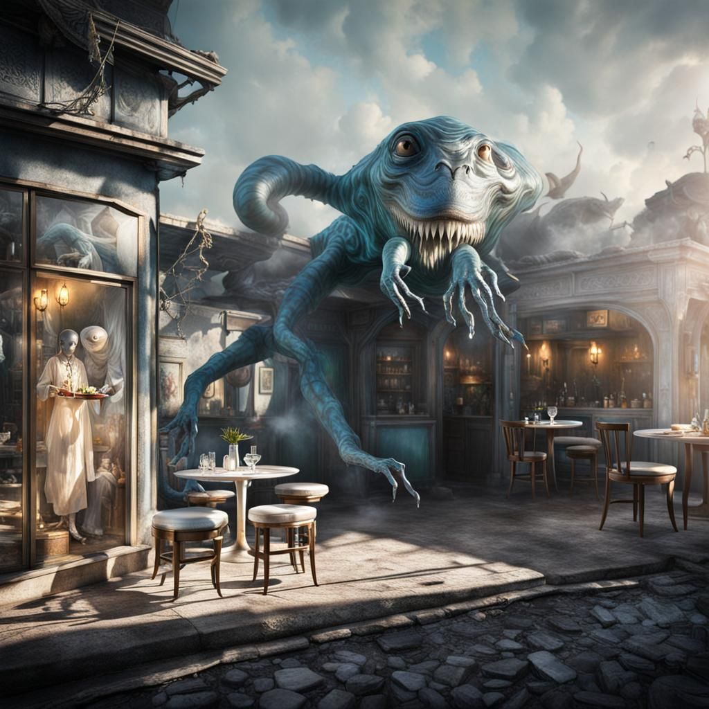 Surreal Restaurant Scene with Alien Celebration