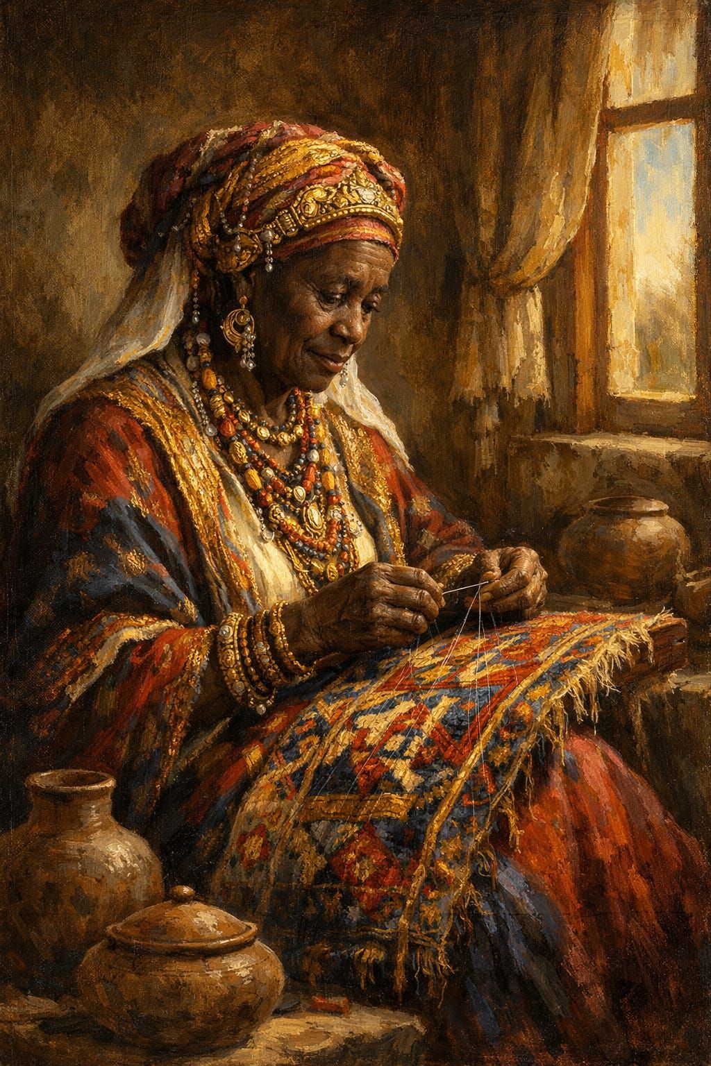 Regal Woman Weaving Tapestry in Golden Light