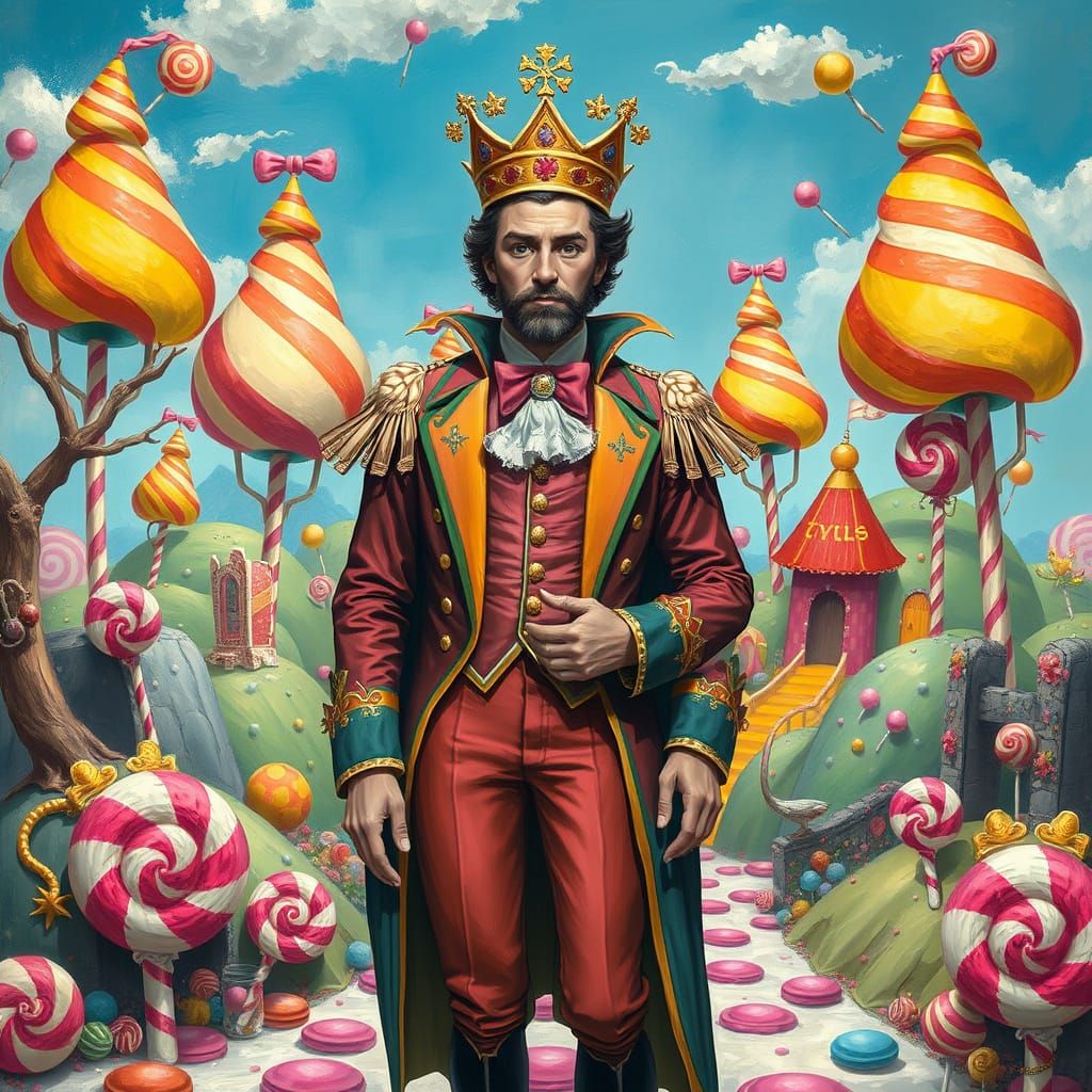 Surreal Candyland King Rules with Whimsical Majesty
