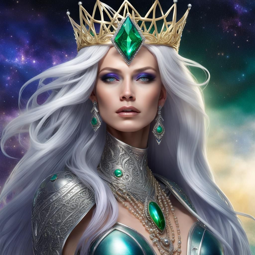 Celestial Queen with Silver Hair and Galaxy Sky