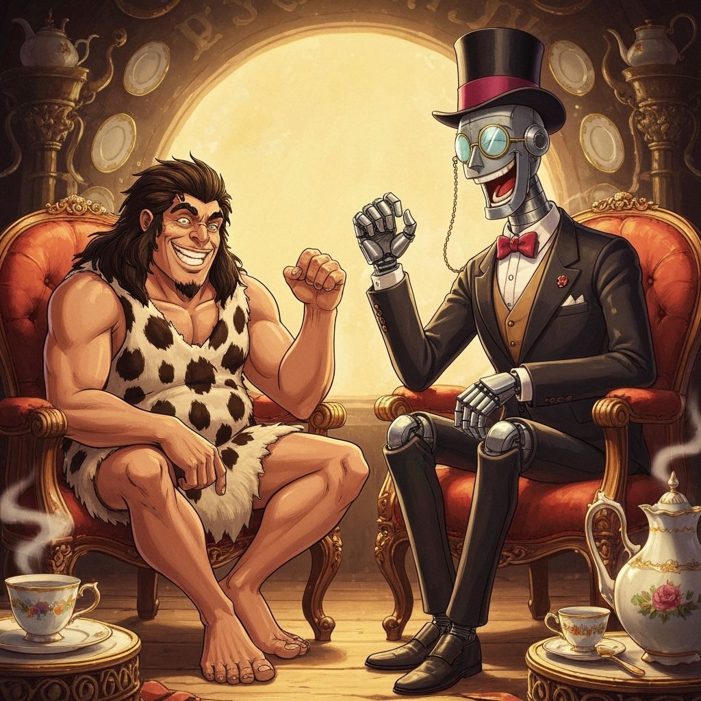 Caveman & Robot Tea Party in Whimsical Style