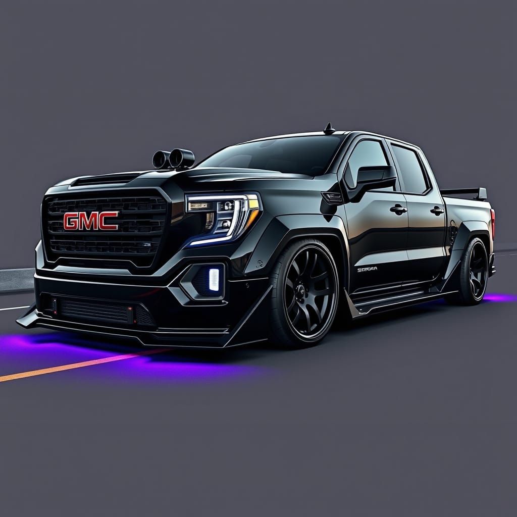 Modified Black GMC Sierra with Purple Underglow