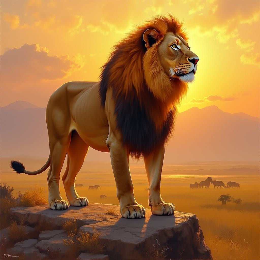 Lion with Fiery Mane, Oil Painting Style
