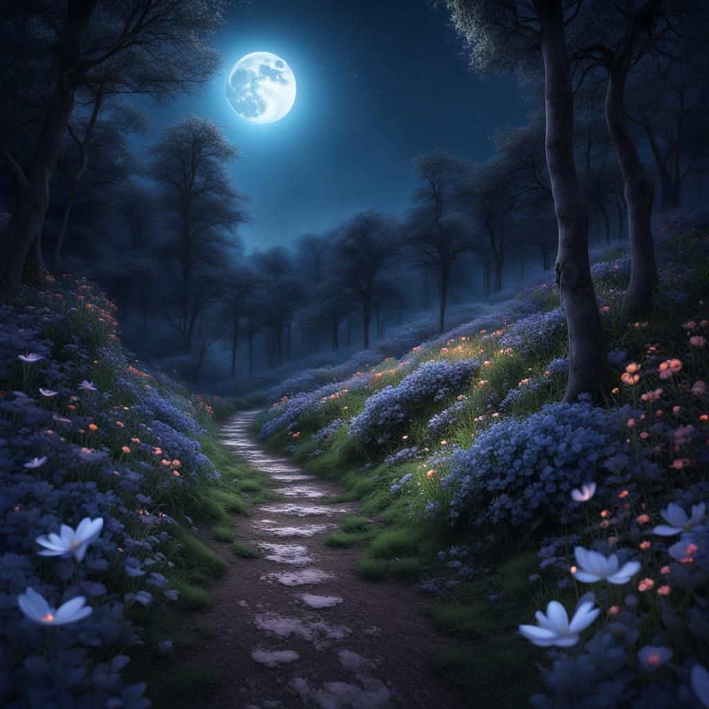 Moonlit Path Through Forest: Hyperrealistic Night Scene