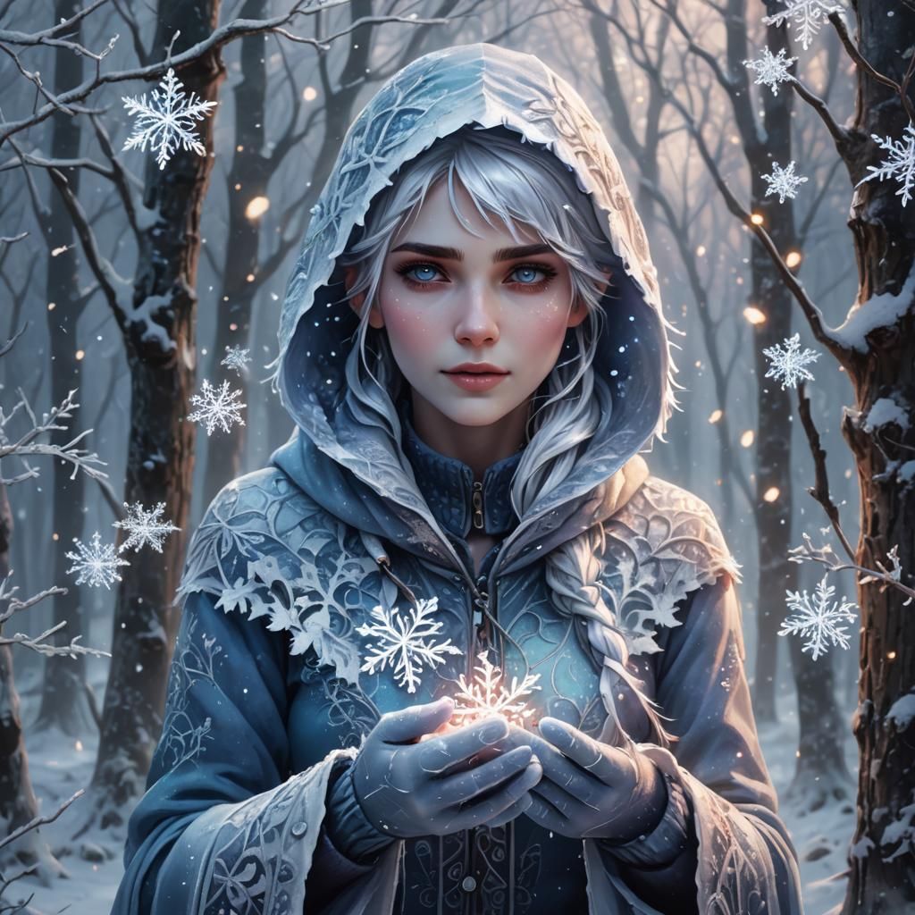 Female Jack Frost in Winter Forest, Oil Painting