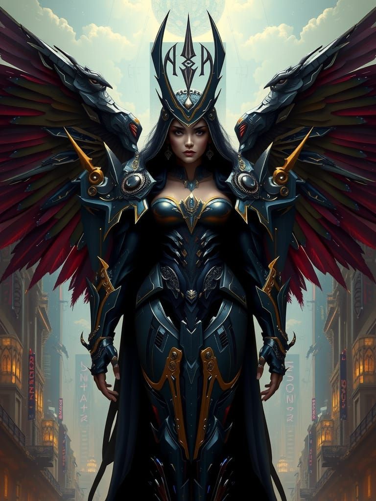 Cyberpunk Empress with Mechanical Wings in Gritty City