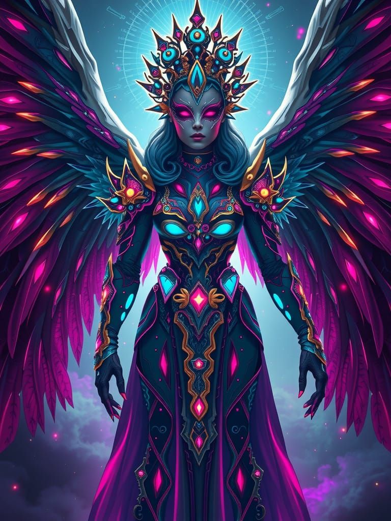 Cyberpunk Empress with Crow Wings and Neon Backdrop