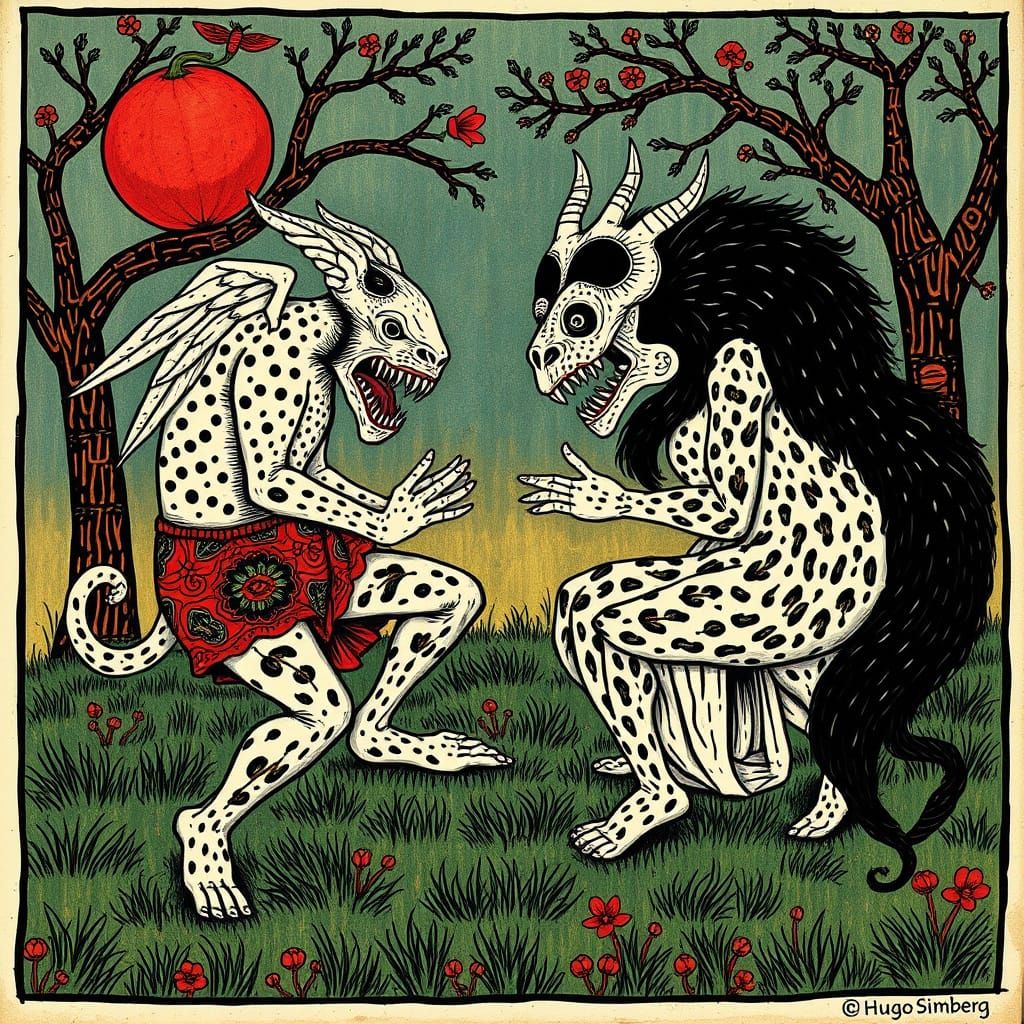 Madhubani Painting Style Demons in Hugo Simberg Inspired Art