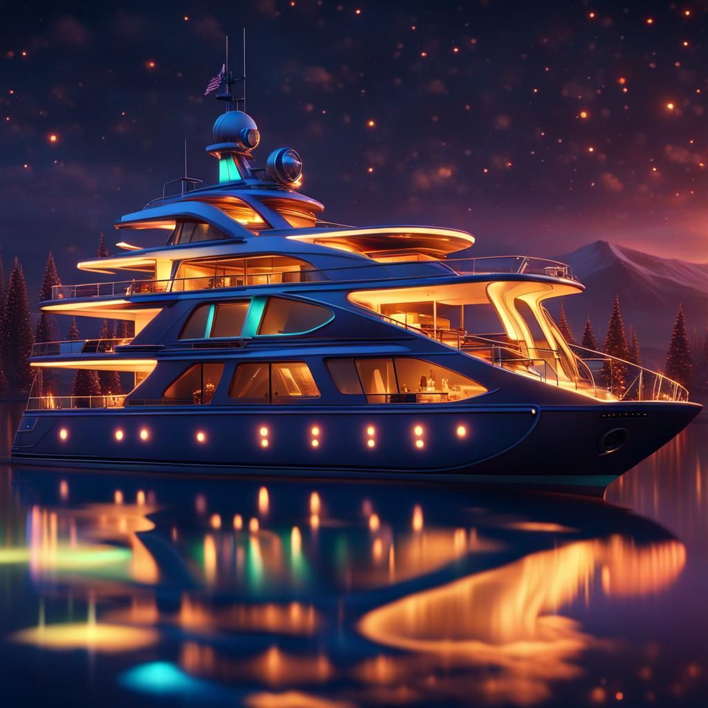 Christmas Yacht Reflects Multicolor Lights: Digital Painting