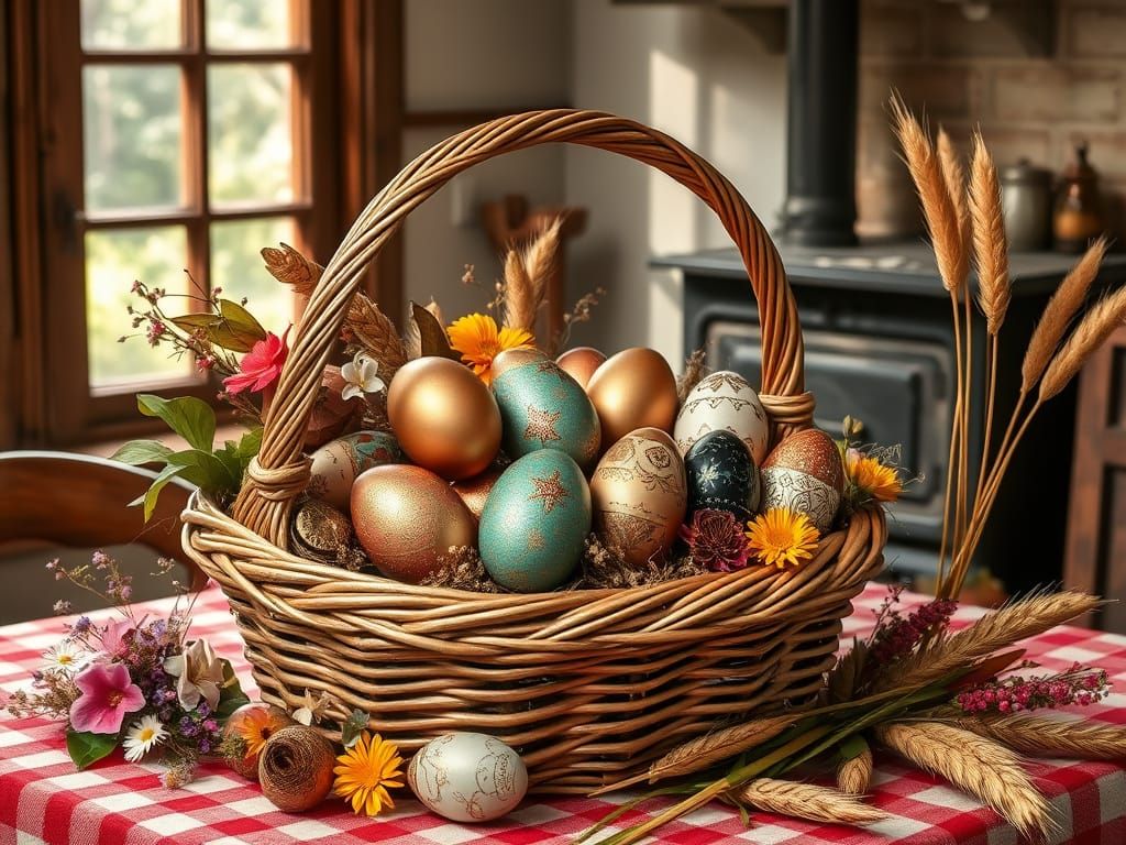 Rustic Easter Basket with Metallic Eggs and Wildflowers