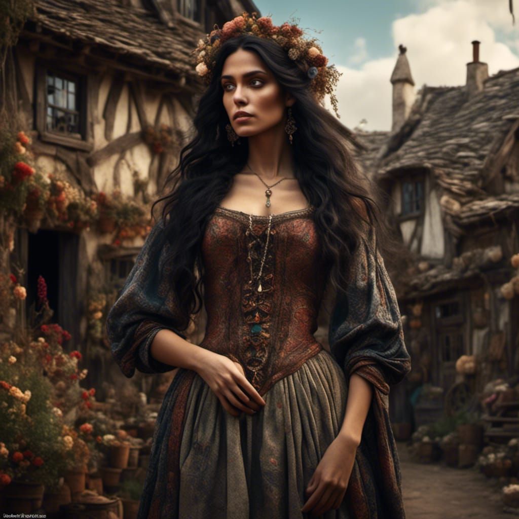 Peasant Woman in Village: Detailed Matte Painting