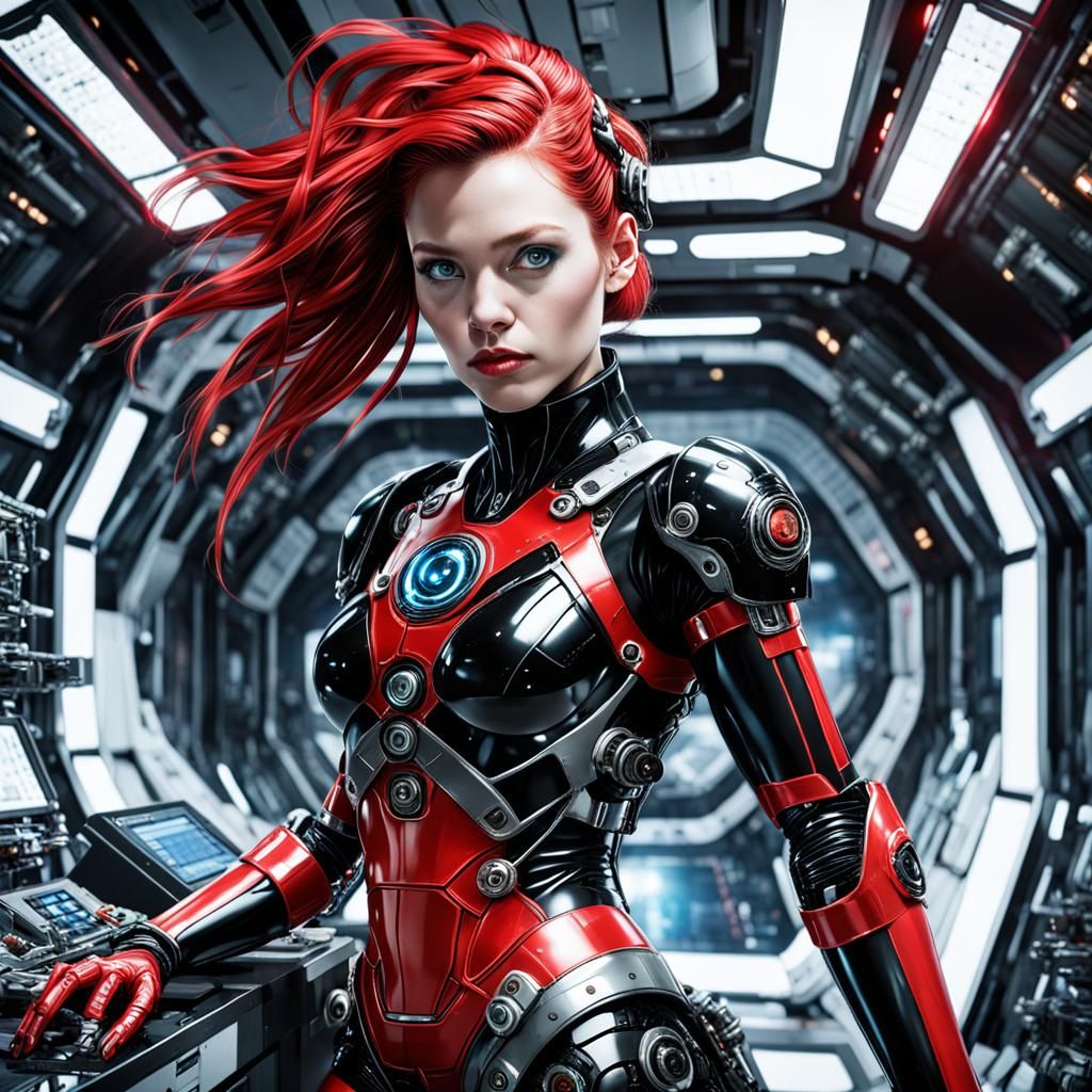 Cyborg Android Woman in Space Station, Sci-Fi Art